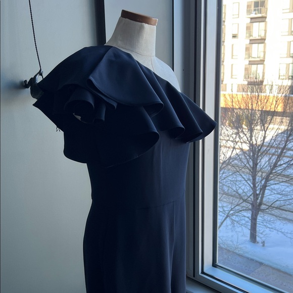 New Eliza J One Shoulder Ruffle Jumpsuit in Navy Size 6 - Picture 5 of 9